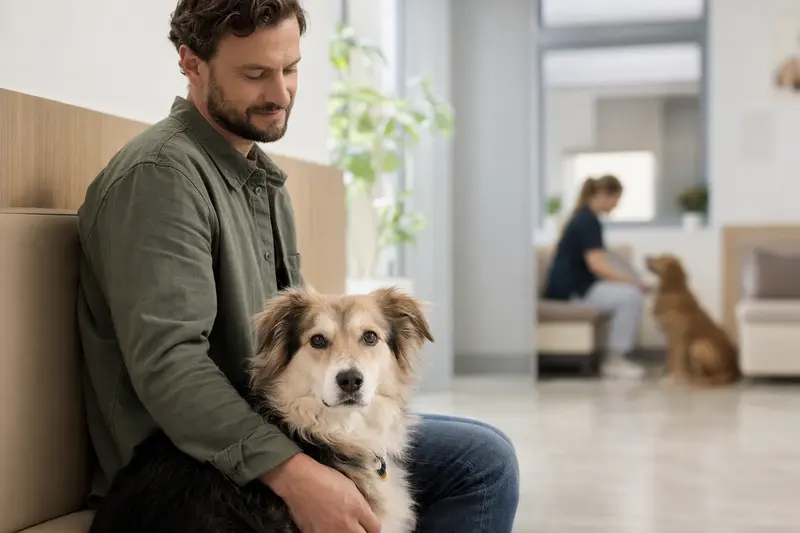Ein Elo Hund sitzt ruhig neben seinem Besitzer im hellen Wartezimmer einer modernen Tierarztpraxis.